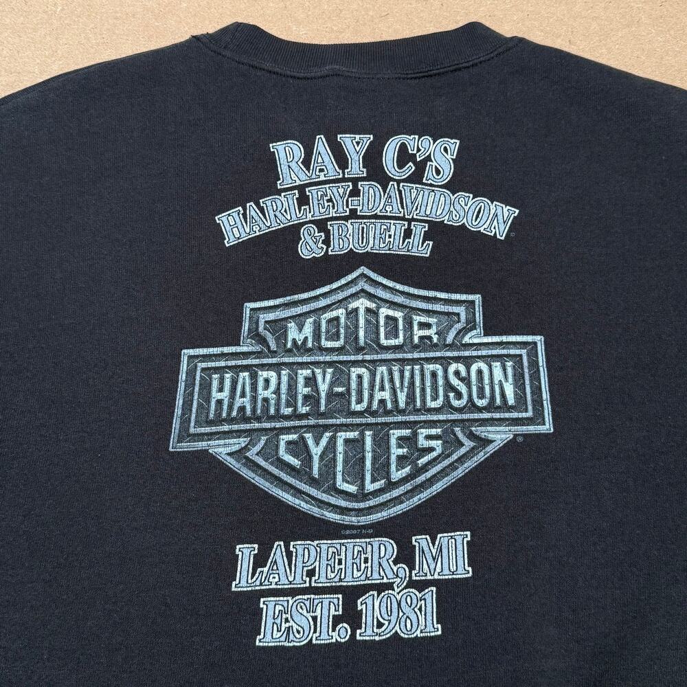 Vintage 2007 Harley Davidson Cropped Sweatshirt Lapeer MI Black Womens Medium - Picture 4 of 8